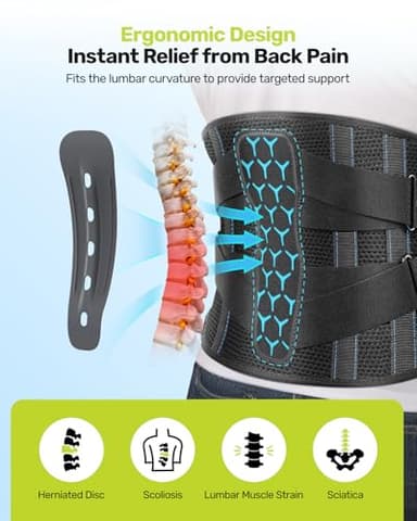 Rakiie Back Brace for Lower Back Pain, 7 Stays Ergonomic Support Brace with Comfortable 3D Pad, Easy to Put On/Off Lumbar Support Belt for Women Men, Pain Relief from Sciatica, Herniated Disc, Size M (Waist: 33.5"-39.4") - Image 2