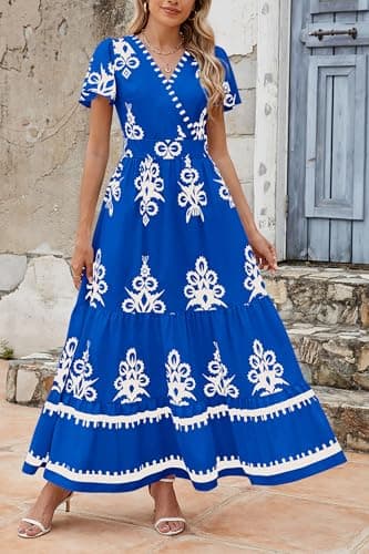 PRETTYGARDEN Womens 2025 Summer Casual V Neck Boho Maxi Dress Flowy Aline Bell Sleeve Tiered Floral Dresses with Pocket (Floral Royal Blue White,Medium) - Image 6