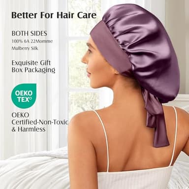 YFONG 100% 22 Momme Mulberry Silk Bonnet for Sleeping Women, Larger Double Layer Silk Hair Wrap for Curly Short Long Hair, Non-Slip Sleep Cap Turban with Elastic Tie Band for Hair Care, Purple - Image 2