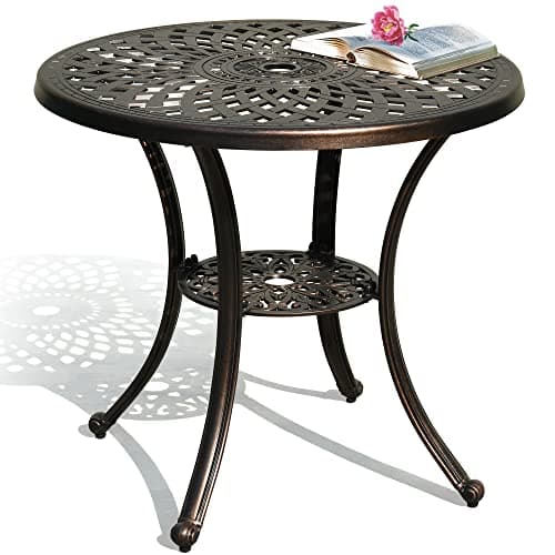 DWVO 30 Inches Round Patio Dining Table with Umbrella Hole, Antique Cast Aluminum Outdoor Bistro Table Outdoor Side Table for Backyard, Garden, Patio, Porch, Hammered Bronze - Image 1
