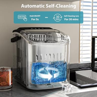WAA Ice Makers Countertop, Portable Ice Maker Machine with Handle, Self-Cleaning with Basket and Scoop, 9 Bullet Ice Cubes in 6 Mins, 26lbs in 24Hrs for Home, Kitchen, Bar(Stainless Steel, Black) - Image 7
