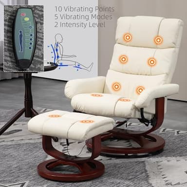 HOMCOM Massage Recliner Chair with Ottoman, Swivel Recliner and Footrest, Faux Leather Reclining Chair with Remote Control, 10 Vibration Point and Side Pocket, Cream White - Image 4