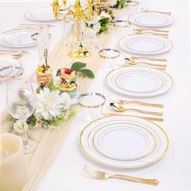 bUCLA 600Pcs Gold Dinnerware Set for 100 Guests - White and Gold Plastic Plates Disposable for party Include 100 Dinner & 100 Dessert Plates,100 Cups,100 Forks,100 Spoons,100 Knives - Image 6