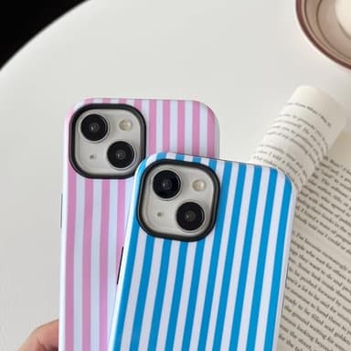Longlayss Compatible with iPhone 13/14 Case Cute Aesthetic Striped Phone Case for Women Girl Shockproof Slim TPU and Hard PC Protective Cover (Pink) - Image 3