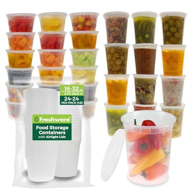 Freshware 48 Pack of 16 and 32 oz, 24 sets each size Food Storage Containers with Lids, Plastic Deli Containers, Meal Prep Containers, Microwave and Freezer Safe, Stackable, Leakproof, BPA Free, Clear - Image 1