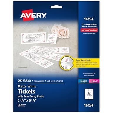 Avery Printable Tickets, Tear-Away Stubs, White, 1.75" x 5.5", Matte White, Laser/Inkjet Printable, 200 Blank Tickets per Pack, 1000 Total (5 Packs of 16154) - Image 1