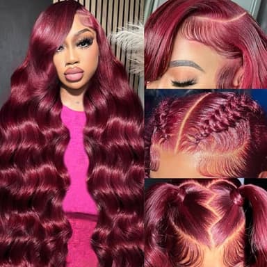 Lukymart 28 Inch 99J Burgundy Lace Front Wigs Human Hair 13x6 HD Transparent Body Wave Lace Front Wigs Pre Plucked 99j Burgundy Red Wine Glueless Human Hair Wigs for Women - Image 7