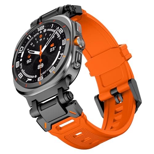 Wingle Compatible for Galaxy Watch Ultra Bands 47mm 2025/2024 Men Sport Durable Silicone Rubber Band, Armor Military Rugged Samsung Galaxy Watch Ultra Band Stainless Steel Metal Connector Black/Orange - Image 1