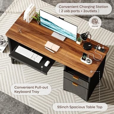 Bestier Computer Desk with Keyboard Tray, 55 inch Office Desk with Power Outlet, Modern Home Office Desk with File Drawer (Walnut with Black, 55" W with Single-Sided Drawers) - Image 3