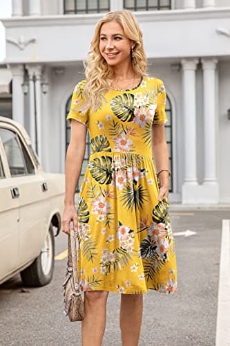 DB MOON Women 2025 Summer Casual Short Sleeve Dresses Empire Waist Dress with Pockets (Yellow Floral, S) - Image 3