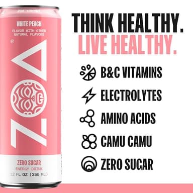 ZOA Zero Sugar Energy Drinks, White Peach - Sugar Free with Electrolytes, Healthy Vitamin C, Amino Acids, Essential B-Vitamins, and Caffeine from Green Tea - 12 Fl Oz (12-Pack) - Image 3