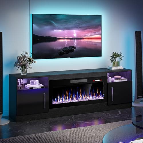 VITESSE Fireplace with TV Stand 36" inch Electric Fireplace Up to 80" TVs, LED Light Entertainment Center, 70" Modern Wood High Gloss with Highlight Storage Cabinet for Living Room (Black) - Image 1