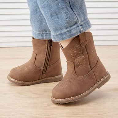 BMCiTYBM Baby Cowboy Cowgirl Boots Infant Western Boots Toddler Boys Girls Round Toe Riding Mid Calf Boots All Seasons for 6 9 12 18 24 Months Brown Size 4 Toddler - Image 2