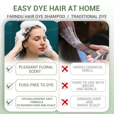 Farndu Black Hair Dye Shampoo for Women & Men, Gray Hair Coverage Herbal Natural 3 in 1 Hair Color Shampoo, Champu para canas - Image 3