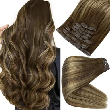 Full Shine Human Hair Clip in Extensions Brown Balayage Seamless Clip in Hair Extensions Human Hair Medium Brown with Honey Blonde Highlights Natural Seamless Look 18 Inch 8 Pcs 120 G - Image 1