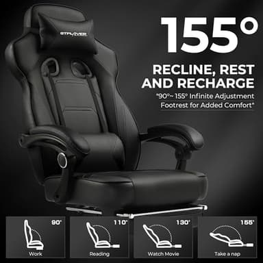 GTPLAYER Gaming Chair with Footrest, Big and Tall Computer Game Chair 350lb Racing Style, Ergonomic High Back Lumbar Support and Recliner, Black - Image 6