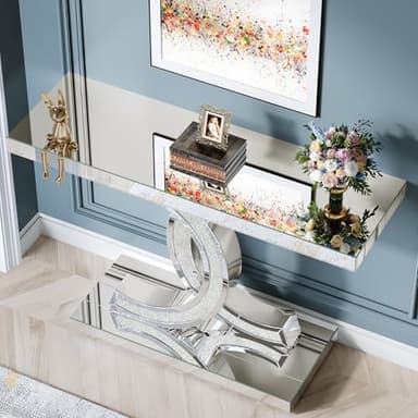 Tribesigns Mirrored Console Table, 39" Modern Silver Entryway Table with Sparkling Crystal Inlays, Glass Sofa Table with Mirror Finish for Entrance, Hallway, Living Room - Image 6
