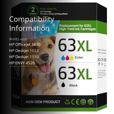 63XL Ink Cartridges Black and Color Replacement for HP Ink 63 for HP 63XL Ink Cartridge Combo Pack Work for HP OfficeJet 3830 4650 5255 5258 5200; Envy 4520 4512 4510; DeskJet 1112 2130 3630 (2 Pack) - Image 3