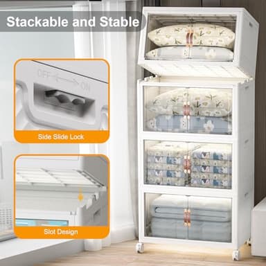 UAMFURI Extra Large Stackable Storage Bins with Lids and Wheels, 160QT/40GAL Stackable Storage drawers, 4Pack Collapsible Storage Bins with Lids, Closet Organizers and Storage Drawers for Home, Dorm - Image 4