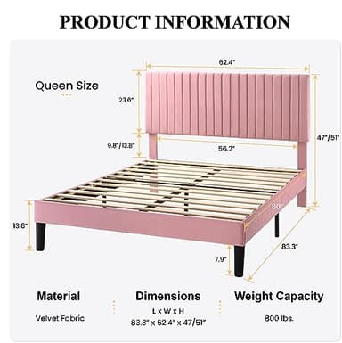 SHA CERLIN Queen Upholstered Platform Bed Frame with Adjustable Headboard/Vertical Channel Tufted Velvet Fabric/Wooden Slats Support/Mattress Foundation/Box Spring Optional/Pink - Image 2