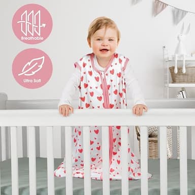 BSTOPPT 3 Pack Baby Sleep Sack 12-18 Months 100% Rayon Cotton Baby Sleeping Bag 2-Way Zipper Toddler Wearable Blankets Comfy Stretchy Lightweight TOG 0.3 （Heart&Pink&Floral） - Image 3