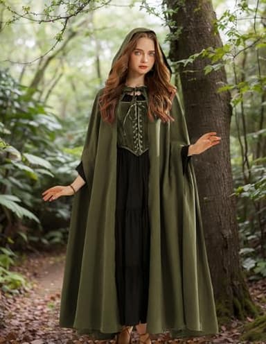 Scarlet Darkness Women Renaissance Hooded Cape Medieval Cloak Hobbit Halloween Costume Olive Green - Image 3