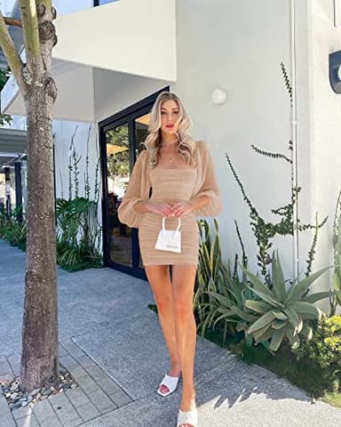 Wenrine Women's Mesh Long Sleeve Square Neck Ruched Party Club Cocktail Bodycon Mini Dress Light Khaki - Image 5