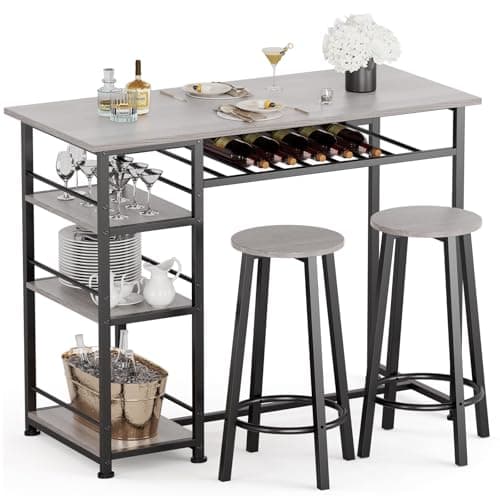COMHOMA Dining Table Set for 2, Counter Height Kitchen Table and Chairs with Storage Shelves & Wine Rack, Bar Table Set with 2 Bar Stools, 3 Piece Dining Room Table Set for Small Space, Retro Grey - Image 1