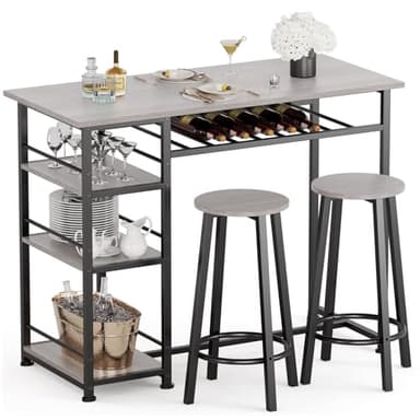 COMHOMA Dining Table Set for 2, Counter Height Kitchen Table and Chairs with Storage Shelves & Wine Rack, Bar Table Set with 2 Bar Stools, 3 Piece Dining Room Table Set for Small Space, Retro Grey - Image 1
