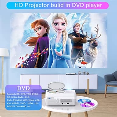 Full HD Bluetooth Projector Built in DVD Player, 12000LM 1080P Supported, Portable Mini DVD Projector for Outdoor Movies, 250" Home Theater, Compatible with iOS/Android/TV Stick/PS4/HDMI/USB/TF Card - Image 2