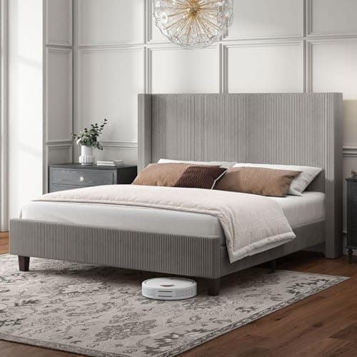 HOWE King Size Upholstered Platform Bed Frame, Wingback Bed with 50.8" Headboard, Corduroy/Solid Wood Leg/No Box Spring Needed/Noise Free/Taupe - Image 1