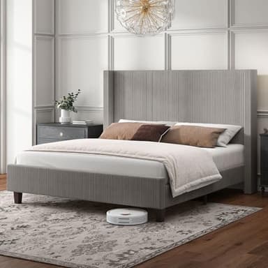 HOWE King Size Upholstered Platform Bed Frame, Wingback Bed with 50.8" Headboard, Corduroy/Solid Wood Leg/No Box Spring Needed/Noise Free/Taupe - Image 1