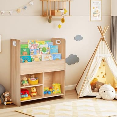 VECELO Wooden Children’s Bookshelf - Kids Book Organizer with 3-Tier Display and 2-Tier Storage Compartments, Easy-to-Access Toddler Bookcase for Playroom, Bedroom, or Nursery - Teak - Image 8