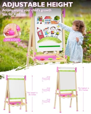Easel for Kids,Toddler Art Easel Toys for Ages 4 5 6 7 8,Toys for 4 5 6 7 8 9 Year Old Girl Gifts,Wooden Double-Sided Magnetic Dry Erase Whiteboard and Chalk Board with Paper Roll,Boys Girls Gift - Image 2