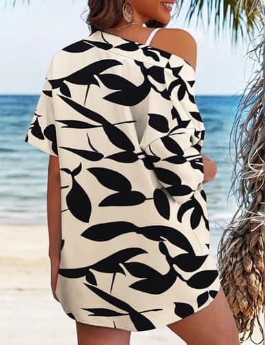 REDHOTYPE Women's 2 Piece Outfits Kimono Style Tropical Print Cover Ups Half Sleeve Blouse Shorts Set Summer Beachwear,Apricot 01,L - Image 4