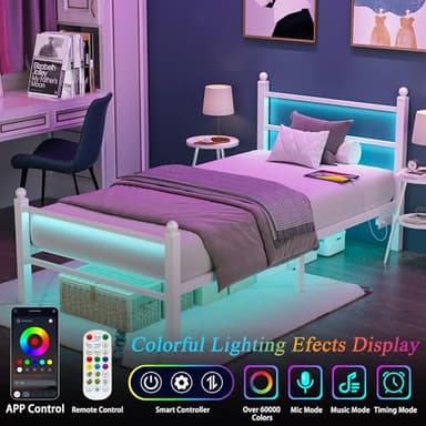 Gohapnis Twin Bed Frames with Headboard and Footboard,White Metal Platform Bed Frame with RGB LED Lights and USB Charging Station,Under Bed Storage,No Box Spring Needed,Suitable for Bedrooms - Image 3