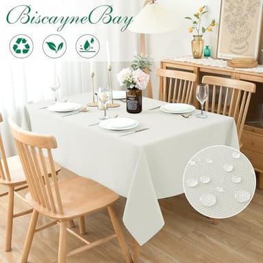 Biscaynebay Textured Fabric Tablecloths 90x156 Inches Rectangular, Ivory Water Resistant Tablecloths for Dining, Kitchen, Wedding, Parties etc. Machine Washable - Image 2