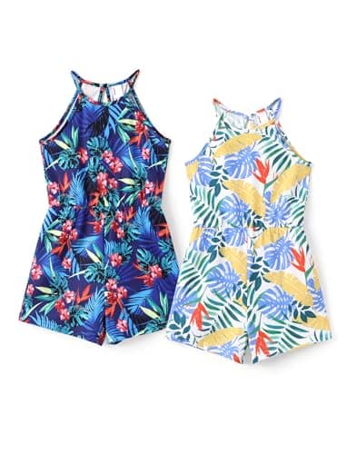 PATPAT Girls Rompers Size 3-4 Navy Blue Tropical Print 2 Pack Rompers For Girls Sleeveless Halter Neck Wide Leg One Piece Spaghetti Strap Jumpsuits Shorts 2 Piece Outfits Hawaiian Jumpsuits - Image 1