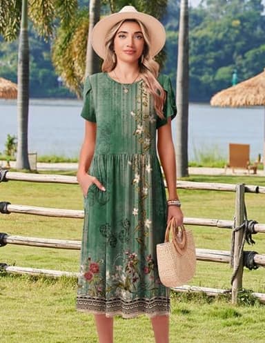 HOTOUCH Women's Summer Short Sleeve A-Line Midi Dresses Casual Floral T-Shirt Dress Flowy Beach Sundress with Pockets - Image 6