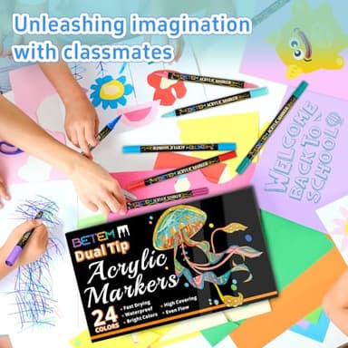 Betem Acrylic Paint Markers, Dual Tip 24 Colors Acrylic Paint Pens with Brush Tip and Fine Point, Art Supplies for Rock, Wood, Canvas, Stone, Glass, Ceramic, Rock Painting DIY Crafts Making Drawing - Image 6