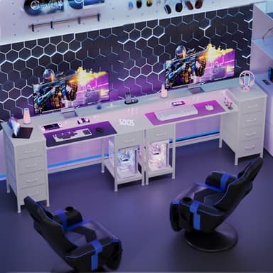Korfile 47 Inch Computer Gaming Desk with Power Outlets & LED Lights Reversible Home Office Desk with Adjustable 5 Fabric Storage Drawers for Working Writing Study, White Oak - Image 2