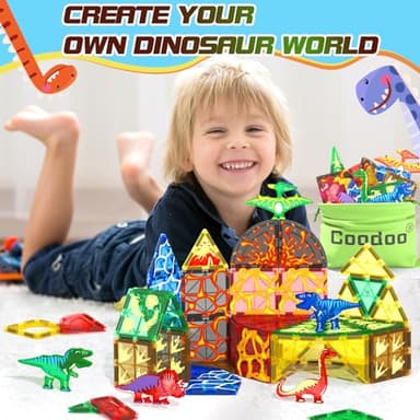 102PCS Dinosaur Toys Magnetic Tiles with 8 Dinosaurs - Jurassic Scenes Dinosaur World Adventure Set, Magnetic Blocks Kids Toys for Boys & Girls Ages 3+, Sensory Toddler Creative Kids Games Gifts - Image 2