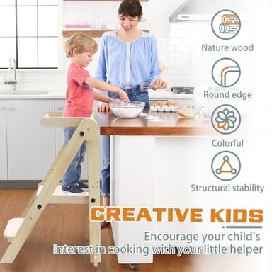 Foldable Toddler Kitchen Stool Helper, Toddler Tower with 3 Adjustable Height, Wooden Toddler Step Stool, Collapsible Toddler Tower, Toddler Stool for Kitchen and Bathroom (Nature) - Image 3