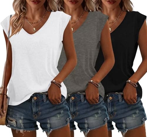 Bliwov 3 Pack Womens Cap Sleeve Tops V Neck T Shirts Summer Fall Outfits Plus Size Beach Vacation Fashion Tee Workout Clothes - Image 1