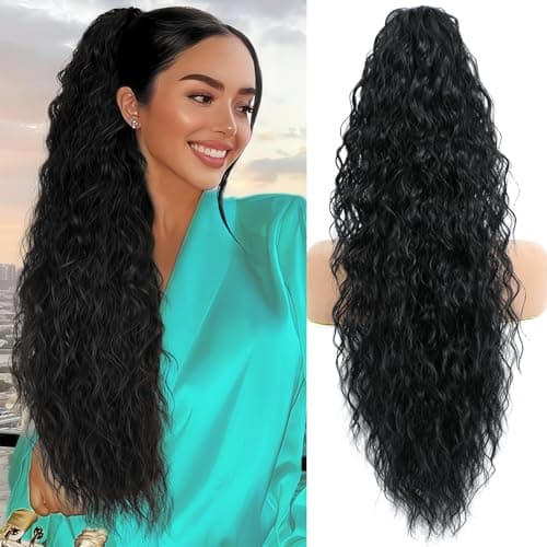 Ponytail Extension, Claw Clip on Pony tails Hair Extension for Women 28 Inch Long Wavy Curly Fake Ponytail Clip in Hair Pieces for Women Fluffy Natural Looking (Black, 28 Inch) - Image 1