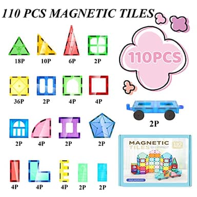 Aquadawn 110 Pieces Magnetic Building Tiles Set with 2 Cars, Magnetic Building Blocks for Toddlers 1-3, Educational Toys Tiles for Kids Ages 4-8, 3D Toys Gifts for Girls Boys - Image 6