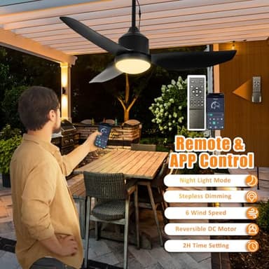 Depuley Outdoor Ceiling Fan with Light: 42 Inch Black Waterproof Gazebo Fans with Lights Outdoor Hanging - Plug in Remote App Control for Patios Indoor Farmhouse Porch - 6 Speed Reversible DC Motor - Image 3