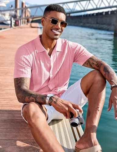 COOFANDY Men's Short Sleeve Shirts Knit Button Down Polo Shirt Casual Summer Beach Tops Light Pink - Image 7