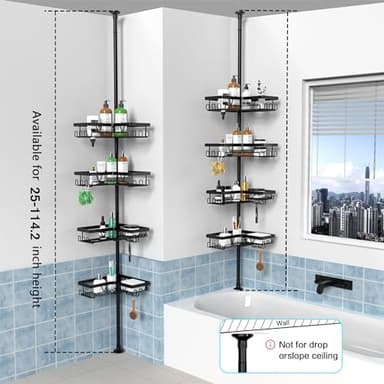 KEGII Corner Shower Caddy Tension Pole - Shower Tension Rod Organizer, Floor to Ceiling Shower Caddy 25-114.2 inch, Towel Rack Corner Waterproof, Black - Image 6