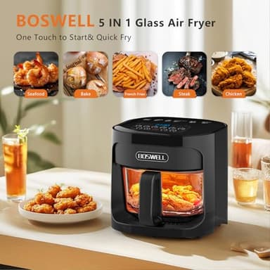 BOSWELL Glass Air Fryer, 4.5QT Transparent Fry Bowl, Circulating Heating, Non Toxic, Large Capacity Air Fryer Roast, Temperature Control Dishwasher Safe (Black) - Image 2